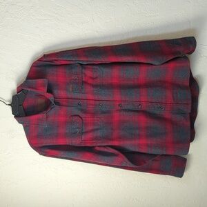 Orvis Red Gray Big Bear Heavyweigh Plaid Long Sleeve Flap Pocket Shirt Medium